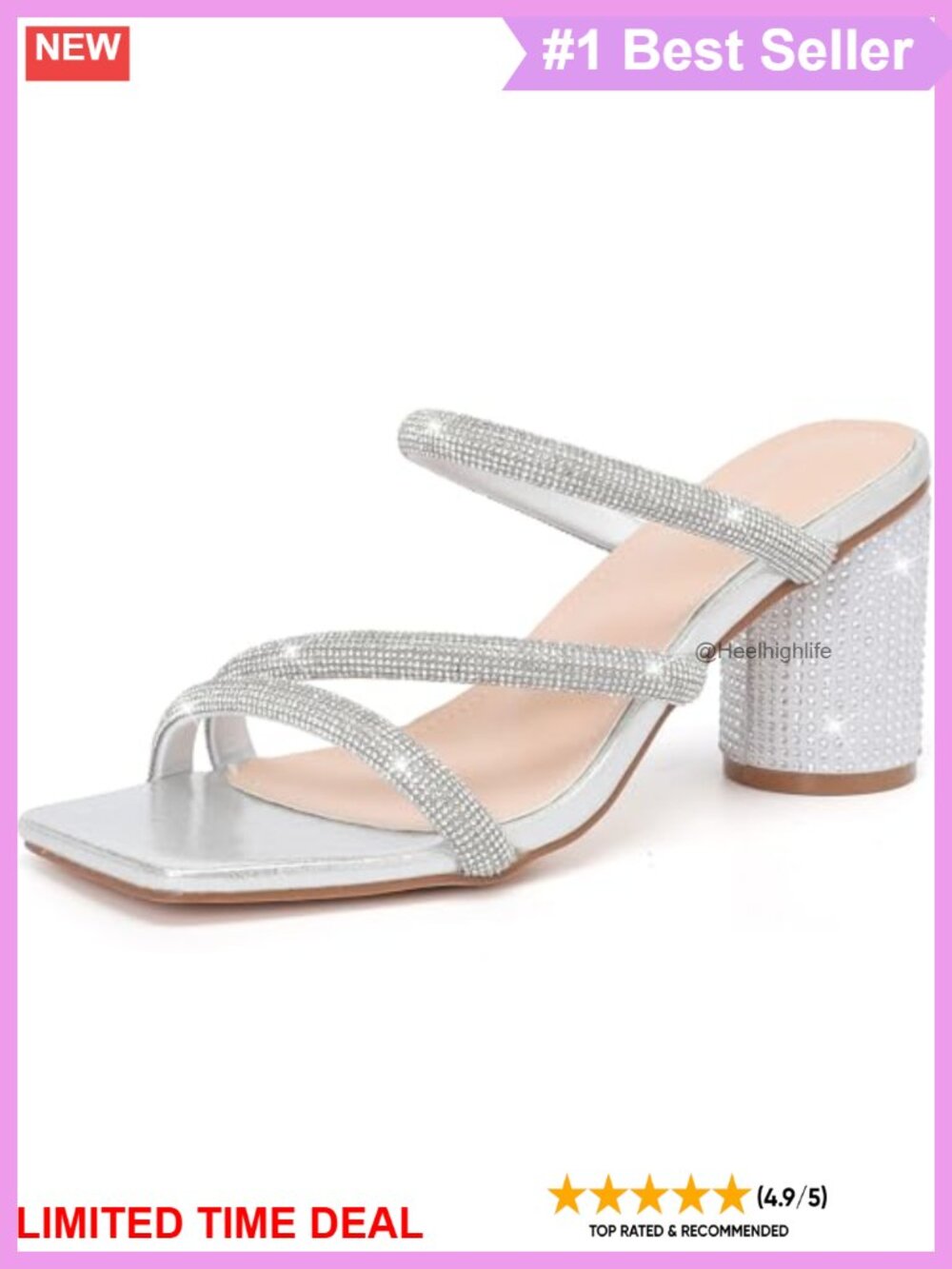 Rhinestone Heeled Sandals Square Toe Strappy Block Heels